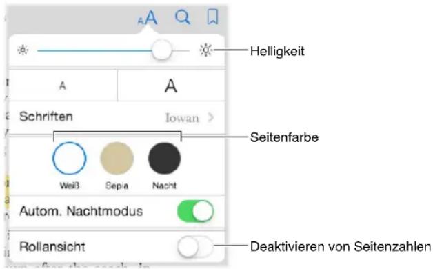 Helligkeit A A Schriften Iowan > Weiß Sepia Nacht Autom. Nachtmodus Rollansicht Deaktivieren von Seitenzahlen