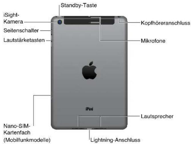 iSight- Kamera Standby-Taste Seitenschalter Lautstärketasten Kopfhöreranschluss Mikrofone iPad Nano-SIM- Kartenfach (Mobilfunkmodelle) Lautsprecher Lightning-Anschluss