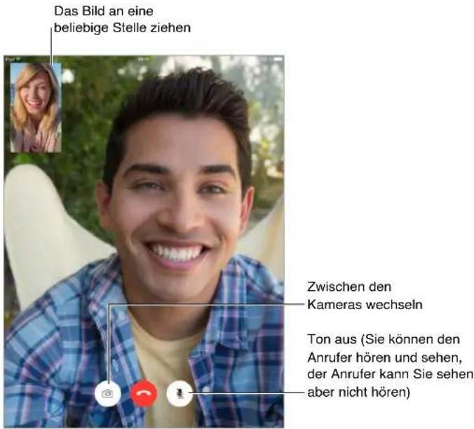 Das Bild an eine beliebige Stelle ziehen Zwischen den Kameras wechseln Ton aus (Sie können den Anrufer hören und sehen, der Anrufer kann Sie sehen aber nicht hören)