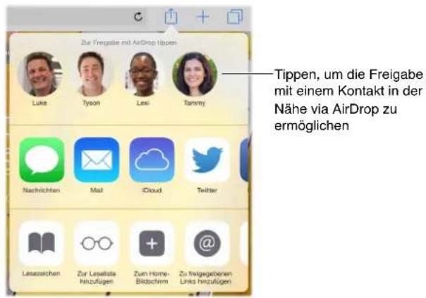 Zur Freigabe mit AirDrop tippen Luke Tyson Lexi Tammy Tippen, um die Freigabe mit einem Kontakt in der Nähe via AirDrop zu ermöglichen Nachrichten Mail iCloud Teitter Lesatzlichen Zur Lesellste hinzufügen Zum Home- Blebschirm Zu freigegebenen Links hinzufügen