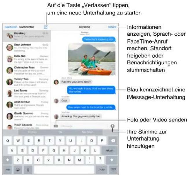 Auf die Taste „Verfassen“ tippen, um eine neue Unterhaltung zu starten Kayaking Kayaking Sian Johnson Katie Ball Christopher Foss Tammy Tan Lexi Torres Alish Kimber Giselle Guernero Tyson Edwards Informationen anzeigen, Sprach- oder FaceTime-Anruf machen, Standort freigeben oder Benachrichtigungen stummschalten Blau kennzeichnet eine iMessage-Unterhaltung Foto oder Video senden Ihre Stimme zur Unterhaltung hinzufügen