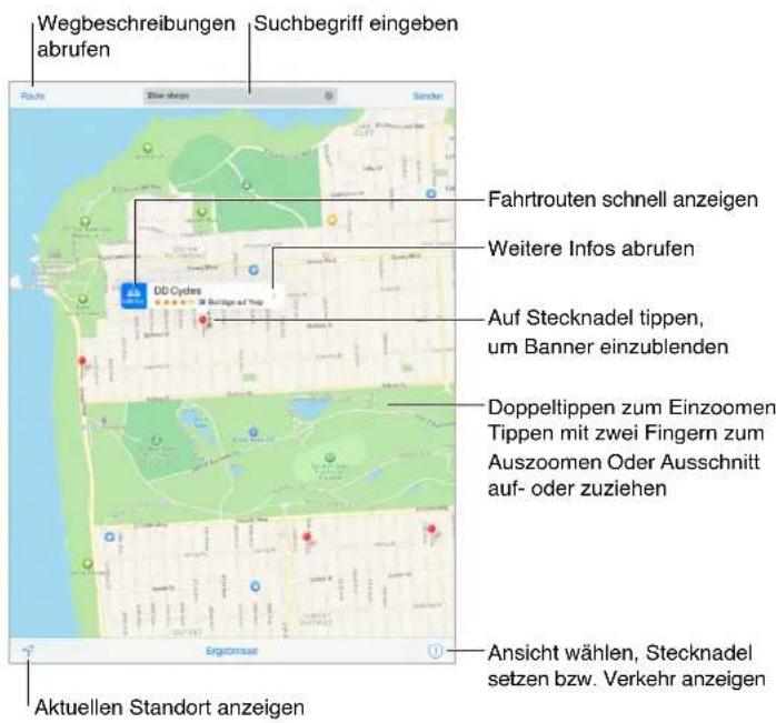 Wegbeschreibungen abrufen Suchbegriff eingeben Fahrtrouten schnell anzeigen Weitere Infos abrufen Auf Stecknadel tippen, um Banner einzublenden Doppeltippen zum Einzoomen. Tippen mit zwei Fingern zum Auszoomen Oder Ausschnitt auf- oder zuziehen Ansicht wählen, Stecknadel setzen bzw. Verkehr anzeigen Aktuellen Standort anzeigen