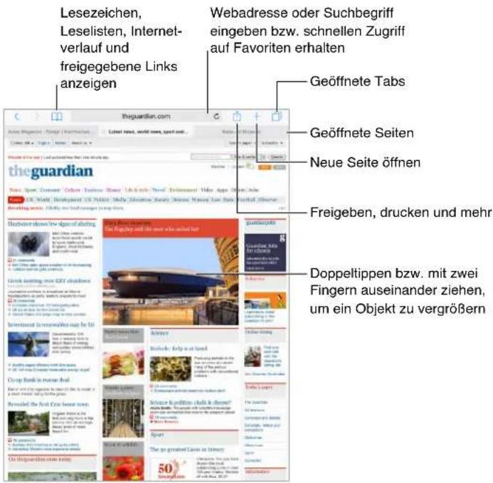 Leszeichen, Leselisten, Internet- verlauf und freigegebene Links anzeigen Webadresse oder Suchbegriff eingeben bzw. schnellen Zugriff auf Favoriten erhalten theguardian.com Geöffnete Tabs Geöffnete Seiten Neue Seite öffnen Freigeben, drucken und mehr Doppeltippen bzw. mit zwei Fingern auseinander ziehen, um ein Objekt zu vergrößern