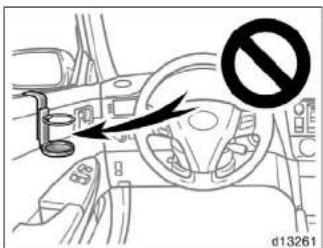 Diagram of car interior showing steering wheel, dashboard, and directional arrows with a prohibition symbol