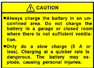 CAUTION ●Always charge the battery in an unconfined area. Do not charge the battery in a garage or closed room where there is not sufficient ventilation. ●Only do a slow charge (5 A or less). Charging at a quicker rate is dangerous. The battery may explode, causing personal injuries.