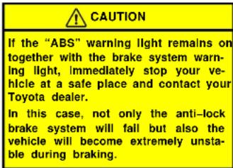CAUTION If the "ABS" warning light remains on together with the brake system warning light, immediately stop your vehicle at a safe place and contact your Toyota dealer. In this case, not only the anti-lock brake system will fall but also the vehicle will become extremely unstable during braking.