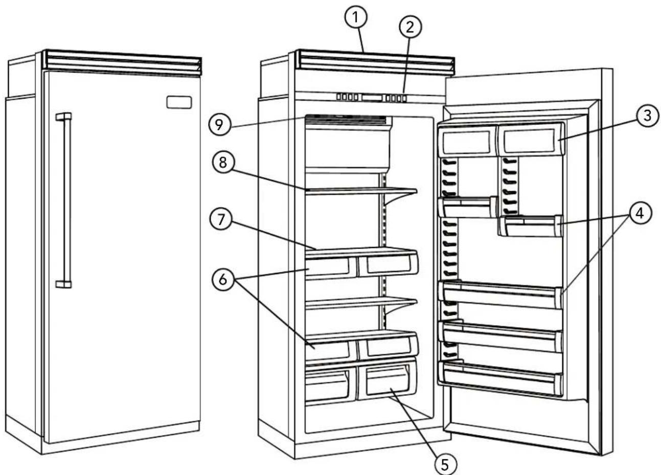 Technical diagram of a refrigerator with numbered parts for identification and assembly reference.
