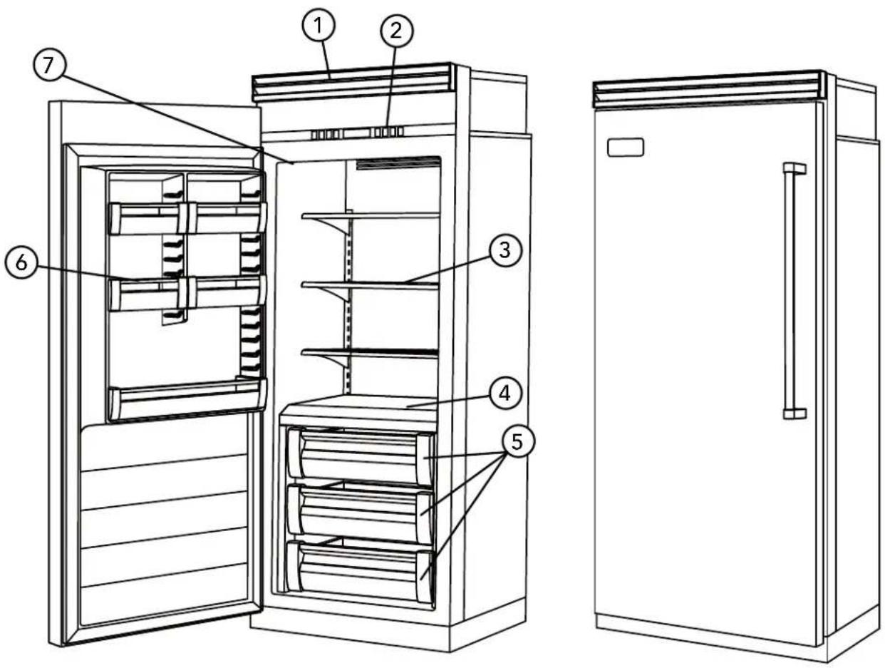 Technical diagram of a refrigerator with numbered parts for identification and assembly reference.