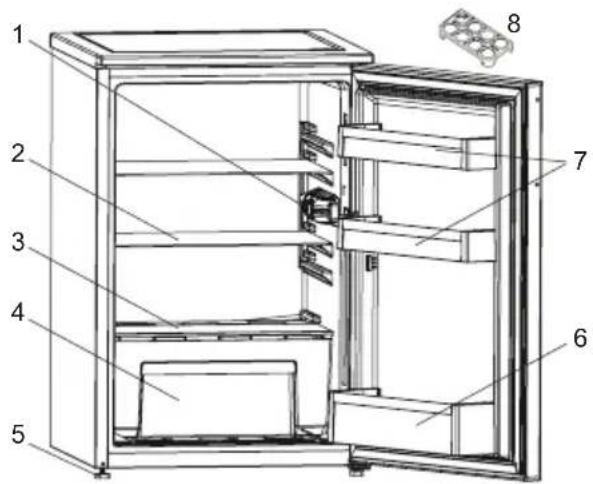 Technical diagram of an open refrigerator with numbered parts labeled for identification.