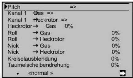 Pitch => Kanal 1 Gas => Kanal 1 Heckrotor => Heckrotor→ Gas 0% Roll → Gas 0% Roll → Heckrotor 0% Nick → Gas 0% Nick → Heckrotor 0% Kreiselausblendung 0% Taumelscheibendrehung 0% ▼ «normal »