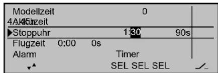 Modellzeit 4AM/24/2019 0 ►Stoppuhr 1:30 90s Flugzeit 0:00 0s Timer Alarm SEL SEL SEL ✓▲