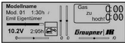 Modellname Mod. 01 1:30h / Emil Eigentümer 10.2V 2:05h Gas 0:00 zu 0:00 hoch! Goupner | IR