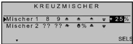 KREUZMISCHER ▶Mischer 1 8 9 ▲ △ ▲ ▼ + 25% Mischer 2 ?? ?? ▲ 0% ▲ ▼ ▼ SELS