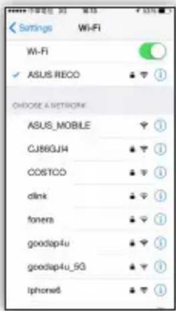Settings Wi-Fi Wi-Fi ✓ ASUS RECO Choose A NETWORK ASUS_MOBILE CJBBGJ14 COSTCO clink fonera goodap4u goodap4u_5G lphone6