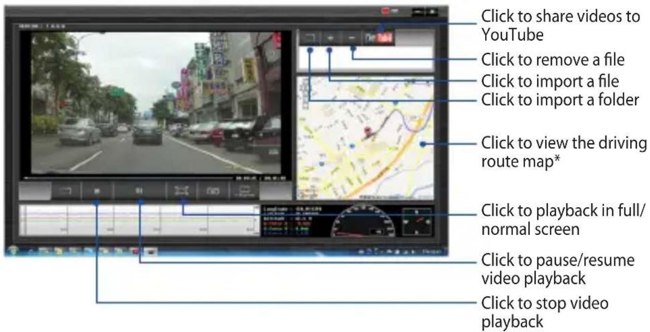 Click to share videos to YouTube Click to remove a file Click to import a file Click to import a folder Click to view the driving route map* Click to playback in full/normal screen Click to pause/resume video playback Click to stop video playback