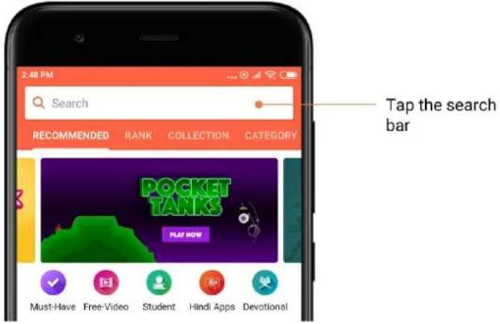2:48 PM Search Recommended RANK COLLECTION CATEGORY Tap the search bar POCKET TANKS PLAY NOW Must-Have Free-Video Student Hindi Apps Devotional