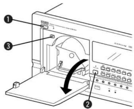 Technical diagram of a device with numbered components and an arrow indicating a process or operation.