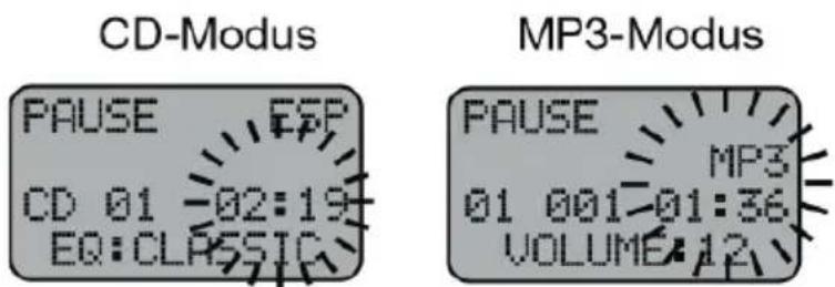 CD-Modus PAUSE EP CD 01 -02:19 EQ:CLASSIC MP3-Modus PAUSE MP3 01 001-01:36 VOLUME:12