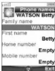 Phone names WATSON Betty Family name WATSON First name Betty Home number Empty Mobile number Empty Exit