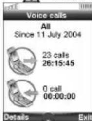 Voice calls All Since 11 July 2004 23 calls 26:15:45 0 call 00:00:00 Details Exit