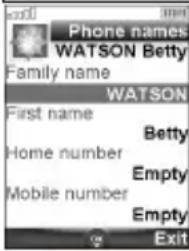 Phone names WATSON Betty Family name WATSON First name Betty Home number Empty Mobile number Empty Exit