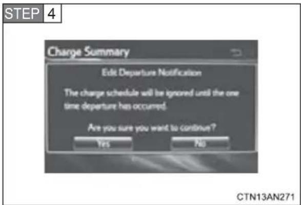 STEP 4 Charge Summary Edit Departure Notification The charge schedule will be ignored until the one time departure has occurred. Are you sure you want to continue? Yes No CTN13AN271