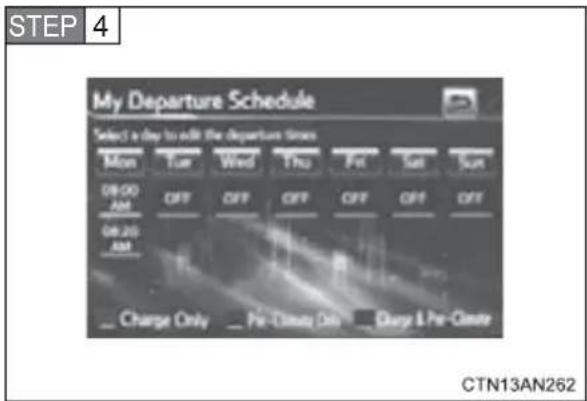 STEP 4 My Departure Schedule Select a day to edit the Departure Times Mon Tur Wed Thu Fit Sat Sun 08:00 AM CFF CFF CFF CFF CFF CFF 08:26 AM _Charge Only _Pre-Delay Data _Duty & Pre-Order CTN13AN262