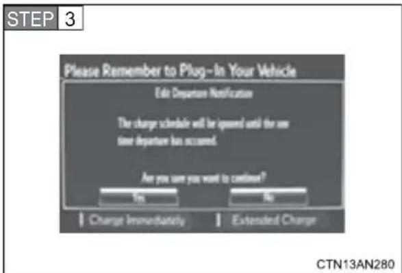 STEP 3 Please Remember to Plug-In Your Vehicle Edit Departure Notification The charge schedule will be opened until the last time departure has occurred. Are you sure you want to continue? Yes No Change Immediately Extended Charge CTN13AN280