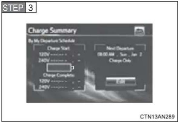 STEP 3 Charge Summary By My Departure Schedule Charge Start 120V 240V Charge Complete 120V 240V Next Departure 08:00 AM, Sun, Jan 2 Charge Only E##t CTN13AN289