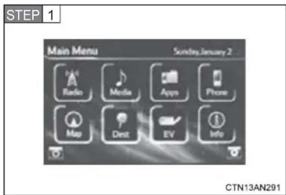 STEP 1 Main Menu Radio Media Apps Phone Map Dest EV Info Sunday,January 2 CTN13AN291