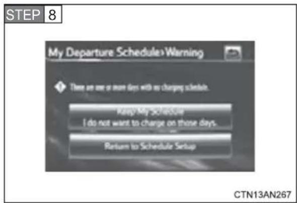 STEP 8 My Departure Schedule>Warning There are one or more days with my charges schedule. Keep My Schedule I do not want to charge on those days. Return to Schedule Setup CTN13AN267