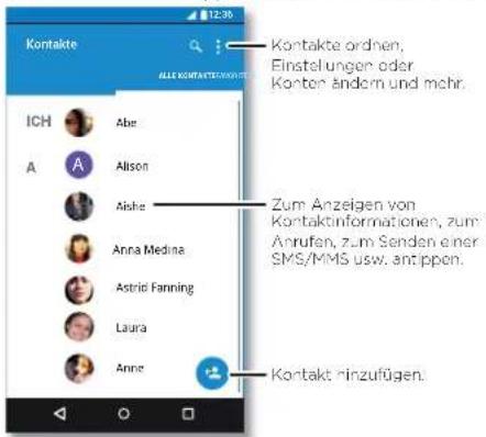 Kontakte CH A Abe Alison Aishe Anna Medina Astrid Fanning Laura Anne Kontakte ordnen, Einstellungen oder Konten ändern und mehr. Zum Anzeigen von Kontaktinformationen, zum Anrufen, zum Senden einer SMS/MMS usw. antippen. Kontakt hinzufügen.