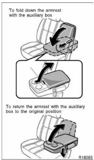 To fold down the armrest with the auxiliary box To return the armrest with the auxiliary box to the original position