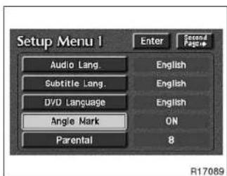 Setup Menu I Enter Second Page Audio Lang. English Subtitle Lang. English DVD Language English Angle Mark ON Parental 8 R17089