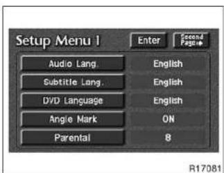 Setup Menu 1 Enter Second Page Audio Lang. English Subtitle Lang. English DVD Language. English Angle Mark. ON Parental 8 R17081
