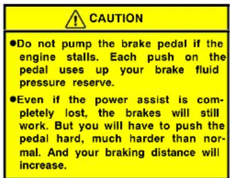 CAUTION ●Do not pump the brake pedal if the engine stalls. Each push on the pedal uses up your brake fluid pressure reserve. ●Even if the power assist is completely lost, the brakes will still work. But you will have to push the pedal hard, much harder than normal. And your braking distance will increase.