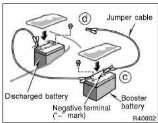 Jumper cable Discharged battery Negative terminal (-" mark) Booster battery R40002