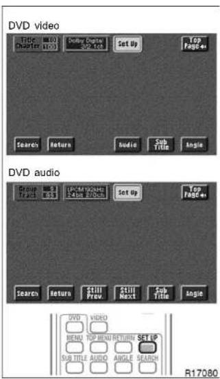 DVD video Title: 100 Chapter 100 Video Comp 202.103 Set Up Top Page++ Search Return Audio Sub Title Angle DVD audio Group: 100 Track: 80.5 Location: 240.0 MHz Audio: 70.0 Hz Set Up Top Page++ Search Return Still Prev Still Next Sub Title Angle DVD VIDEO MENU TOP MENU RETURN SETUP SUB TITLE AUDIO ANGLE SEARCH R17080