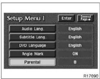 Setup Menu 1 Audio Lang Subtitle Lang DVD Language Angle Mark Parental Enter Second Page English English English ON 8 R17090