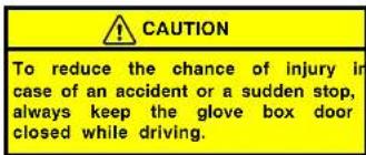CAUTION To reduce the chance of injury in case of an accident or a sudden stop, always keep the glove box door closed while driving.