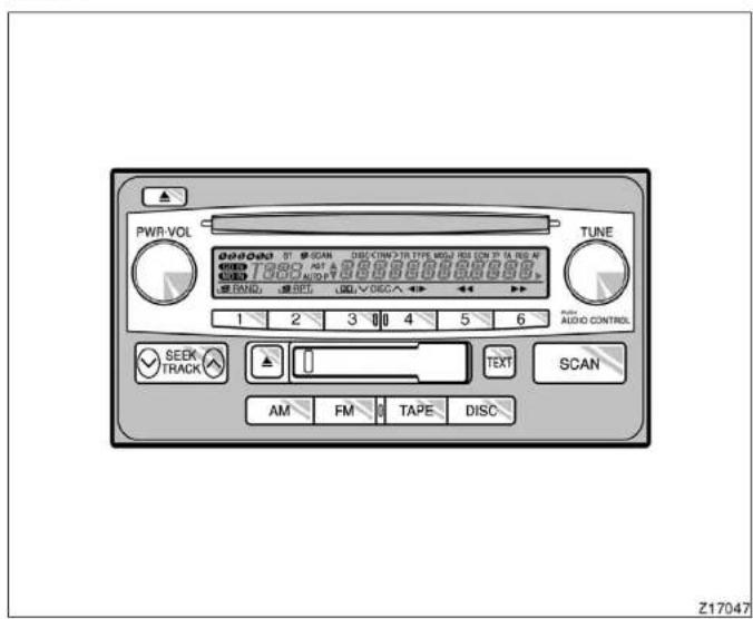 PWR-VOL TUNE 00000 ST. SCAN DISC/CONN>TR TYPE MENU RED CON TP TA RED AF 10000 ANT 0000000000000000000000000000000000000000000000000000000000 BAND, RESET, □□√DECA← ← ← 1 2 3 4 5 6 Power AUDIO CONTROL SEEK TRACK TEXT SCAN AM FM TAPE DISC Z17047