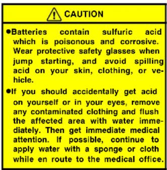 CAUTION ●Batteries contain sulfuric acid which is poisonous and corrosive. Wear protective safety glasses when jump starting, and avoid spilling acid on your skin, clothing, or vehicle. ●If you should accidentally get acid on yourself or in your eyes, remove any contaminated clothing and flush the affected area with water immediately. Then get immediate medical attention. If possible, continue to apply water with a sponge or cloth while en route to the medical office.