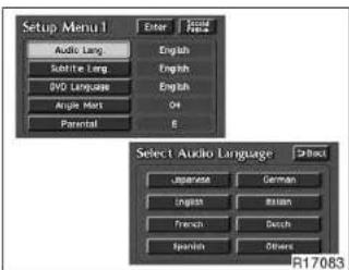 Setup Menu1 Enter English Audio Lang English Subtitle Lang English DVD Language English Argin Mets OK Parental E Select Audio Language English Japanese German English Italian French Chinese Spanish Others R17083