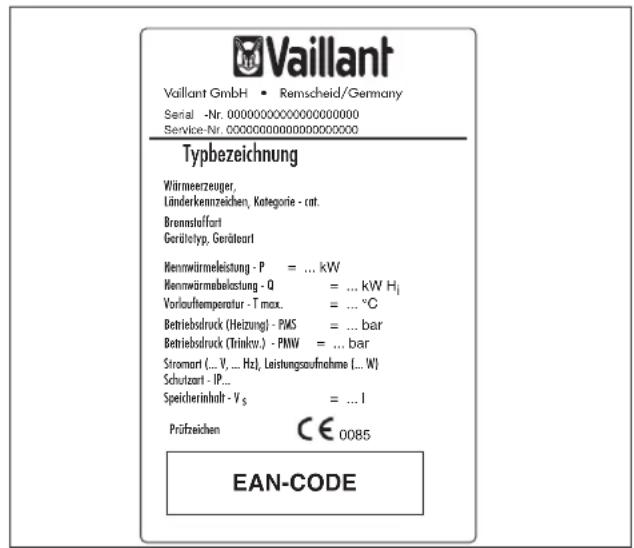 Vaillant GmbH • Remscheid/Germany Serial -Nr. 000000000000000000000 Service-Nr. 00000000000000000000 Typbezeichnung Würmeerzeuger, Länderkennzeichen, Kategorie - cat. Bronnstoffart Geräteotyp, Geräteart Hennwärmeleistung - P = ... kW Hennwärmebelastung - Q = ... kW H₁ Vorlauftemperatur - T max. = ... °C Betriebsdruck (Heizung) - PWS = ... bar Betriebsdruck (Trinkw.) - PMW = ... bar Stromart (... V, ... Hz), Leistungsaufnahme (... W) Schutzart - IP... Speicherinholt - V₃ = ... l Prüfzeichen C€ 0085 EAN-CODE