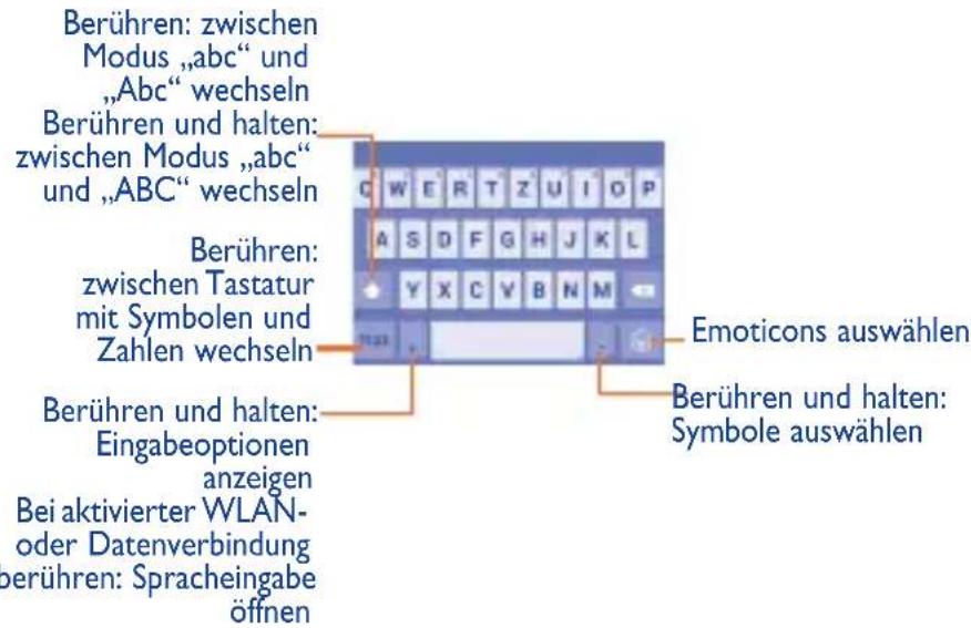 Berühren: zwischen Modus „abc“ und „Abc“ wechseln Berühren und halten: zwischen Modus „abc“ und „ABC“ wechseln Berühren: zwischen Tastatur mit Symbolen und Zahlen wechseln Berühren und halten: Eingabeoptionen anzeigen Bei aktivierter WLAN- oder Datenverbindung berühren: Spracheingabe öffnen C W E R T Z U I O P A S D F G H J K L Y X C V B N M Emoticons auswählen Berühren und halten: Symbole auswählen