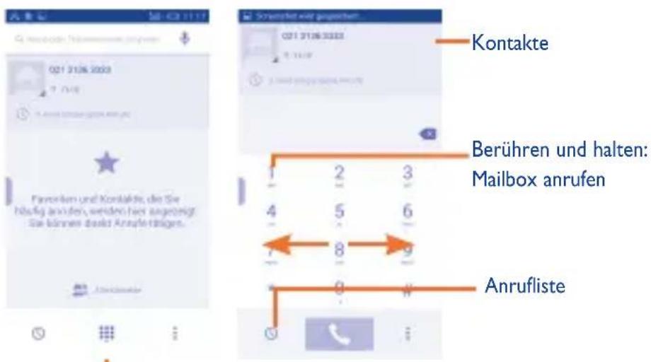 Kontakte Berühren und halten: Mailbox anrufen Anrufliste