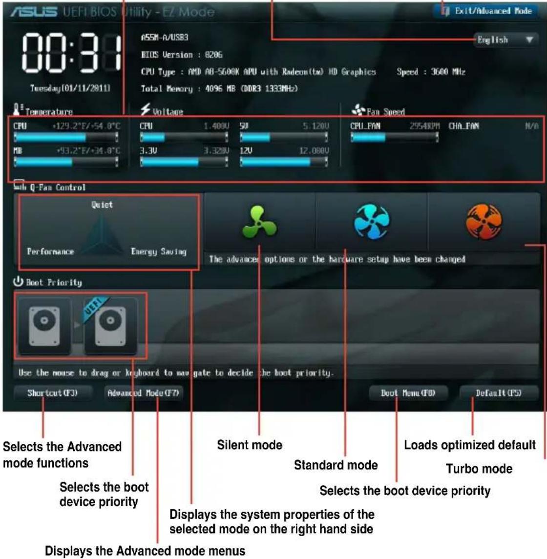 ASUS A55M-A - Selects the display language of the BIOS setup program - 1