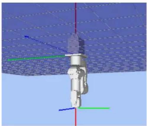 3D rendering of a robotic arm with coordinate axes (red, blue, green) and grid overlay, no visible text or symbols