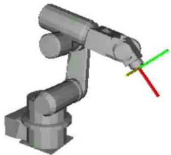 3D rendering of a robotic arm with colored tool indicators (red, green, yellow) pointing to specific joints (no text or symbols present)
