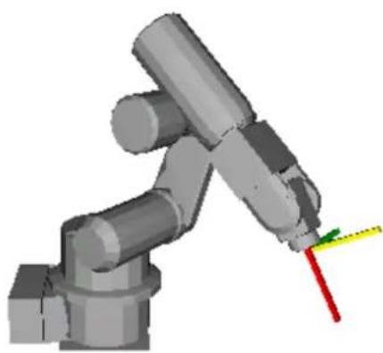 3D rendering of a robotic arm joint with colored measurement lines (no text or symbols)